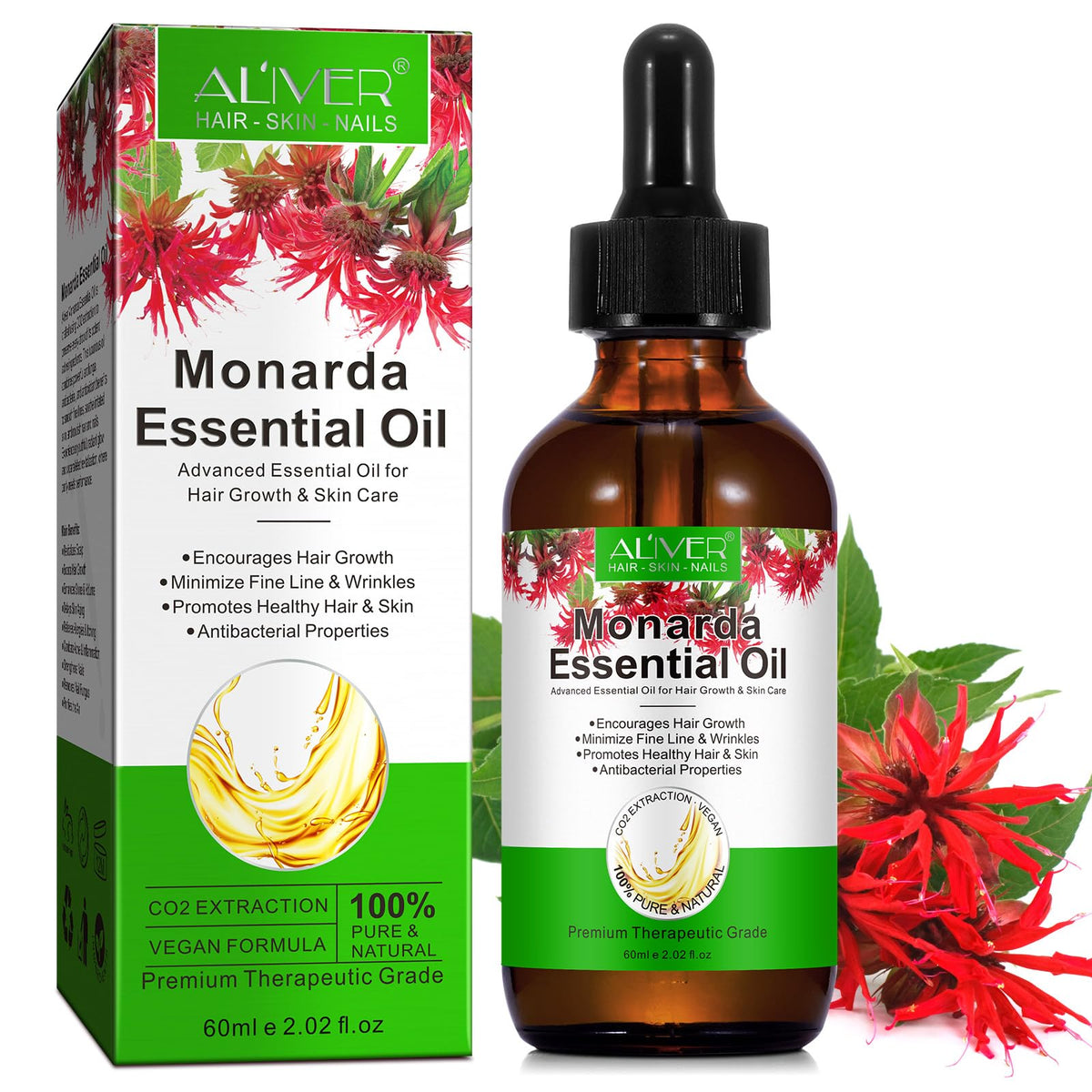 ALIVER Monarda Essential Oil for Hair Growth,100% Pure & Natural Monarda Oil for Healthier Thicker Fuller Hair,Eliminate Hair Split Ends, Repairs Damaged Hair & Skin For Men & Women 60ml