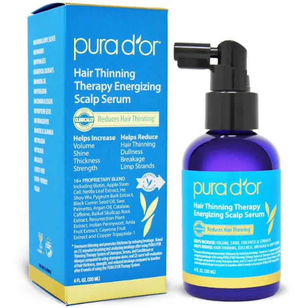 PURA D'OR Hair Thinning Therapy Energizing Scalp Serum 4oz w/Copper Tripeptide, Biotin, Caffeine, Plant Stem Cell, Catalase & DHT Balance, Rosemary Green Tea Leaf Extract, All Hair Types, Men Women 4 Fl Oz