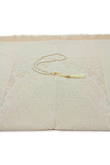 ihvan online Muslim Prayer Rug and Beads with Elegant Slub Fabric Bag | Janamaz | Sajadah | Soft Islamic Prayer Rug | Islamic Gifts | Prayer Carpet Mat, Taffeta Fabric, Ecru