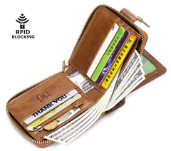 BULLCAPTAIN Mens Genuine Leather Zipper Wallet RFID Blocking Bifold Zip Around Multi Credit Card Holder (brown-2)