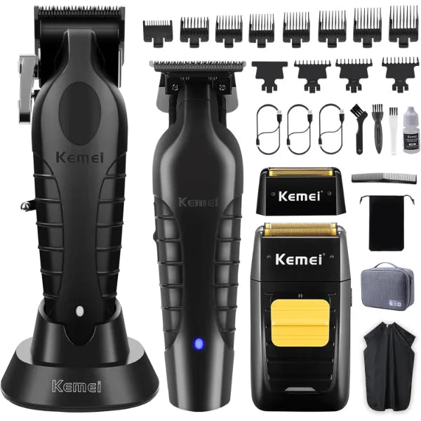 KEMEI Professional Hair Clipper and Trimmers Set, Cordless Barber Clippers, Beard Trimmer, Electric Foil Shaver with Replacement Heads, KM-2299, KM-2296, KM-1102