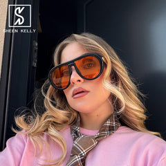 Oversized Trendy Polarized Pilot Sunglasses for Women Men Retro Oval Flat Top Frame Curved Metal Designer Eyewear