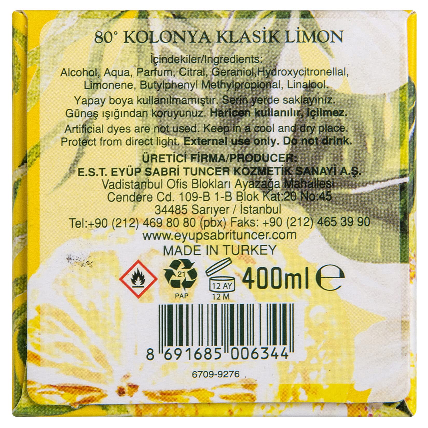 Eyup Sabri Tuncer-EST1923-Eau De Cologne Series (Classic Lemon, 400ml Glass Bottle)