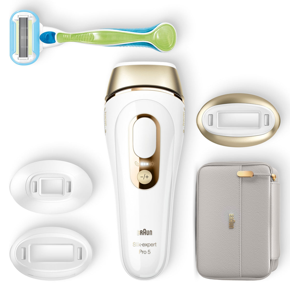 Braun Silk-expert Pro 5 Laser Hair Removal Device, Permanent IPL Hair Removal, 1 Standard, 1 Precision, 1 Wide Head, and Venus Shaver, Gift for Women, PL5257, White/Gold