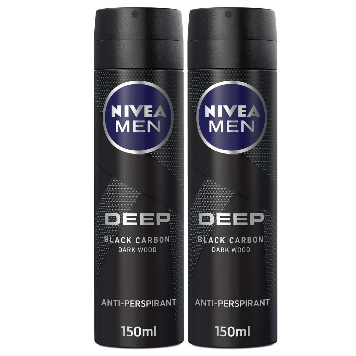 NIVEA MEN Antiperspirant Spray for Men, DEEP Black Carbon Antibacterial, Dark Wood Scent, 2x150ml