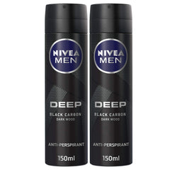 NIVEA MEN Antiperspirant Spray for Men, DEEP Black Carbon Antibacterial, Dark Wood Scent, 2x150ml
