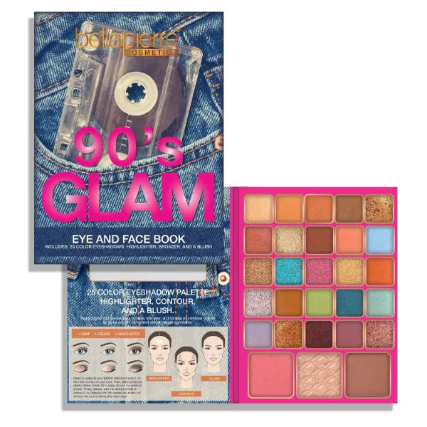 Bellapierre 90s Glam Face & Eye Book Palette | 25 Eyeshadow Shades with Blush, Bronzer, & Highlighter | Non-Toxic & Paraben Free, Vegan & Cruelty-Free