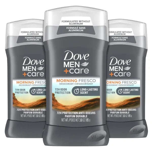 DOVE MEN + CARE Deodorant Stick For Men Morning Fresco Aluminum Free 72-Hour Odor Protection Mens Deodorant With Essential Oils & 1/4 Moisturizing Cream, 3 Ounce (Pack of 3)