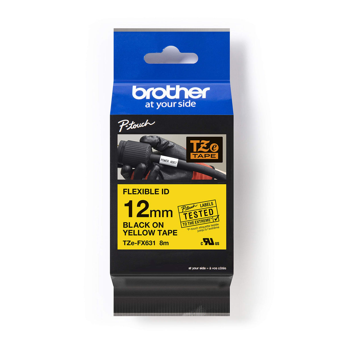 Brother TZe-FX631 Labelling Tape Cassette, Black on Yellow, 12mm (W) x 8M (L), Flexible ID, Brother Genuine Supplies