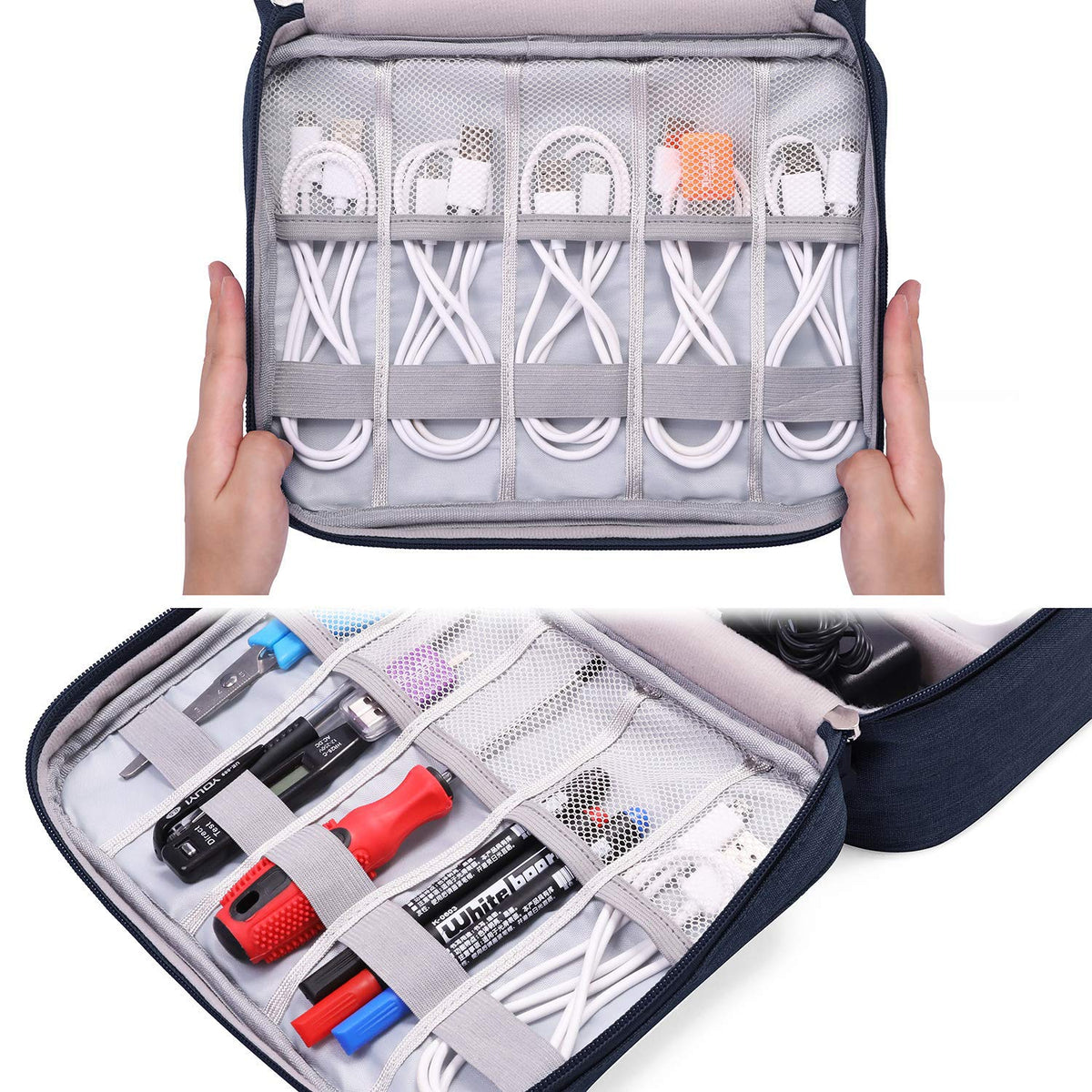 YOUBAMI Electronic Organizer Travel Universal Organizer Storage Bag, Double Layer Polyester Waterproof Trave Accessories Bag with 3 Removable Division for Pens, Camera, Navy Blue