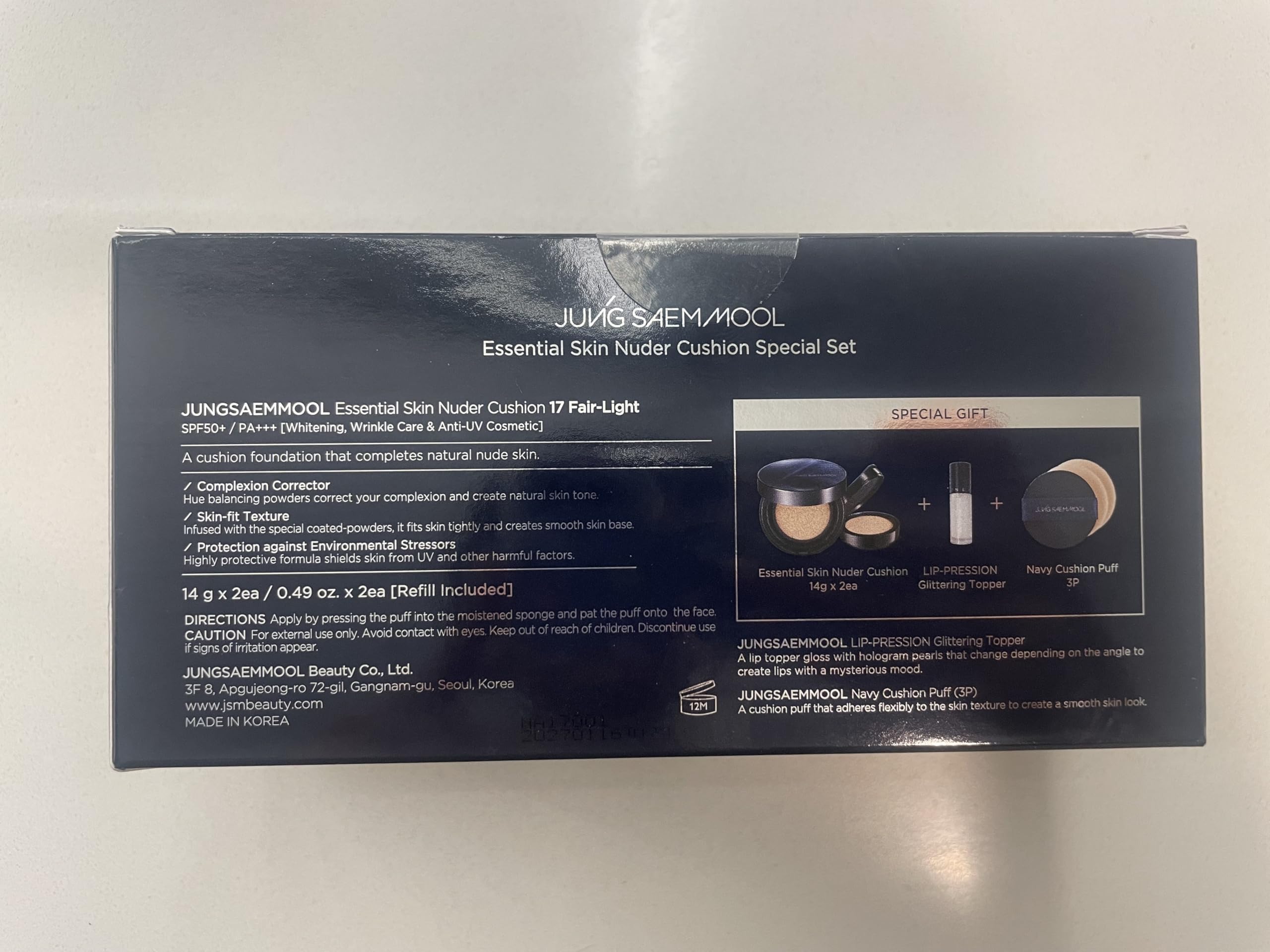 [JUNGSAEMMOOL OFFICIAL] Essential Skin Nuder Cushion Special Set (Fair Light) | Nuder Cushion Navy Edition (Refill included) + Lip-Pression Glittering Topper (2g) + Navy Cushion Puffs (3pcs)