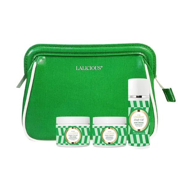 LaLicious Kiwi Krush Travel Set, Whipped Sugar Scrub, Hydrating Body Butter, Radiant Body Oil & Travel Bag - Exfoliate, Hydrate, Moisturize and Glow - 4 Count