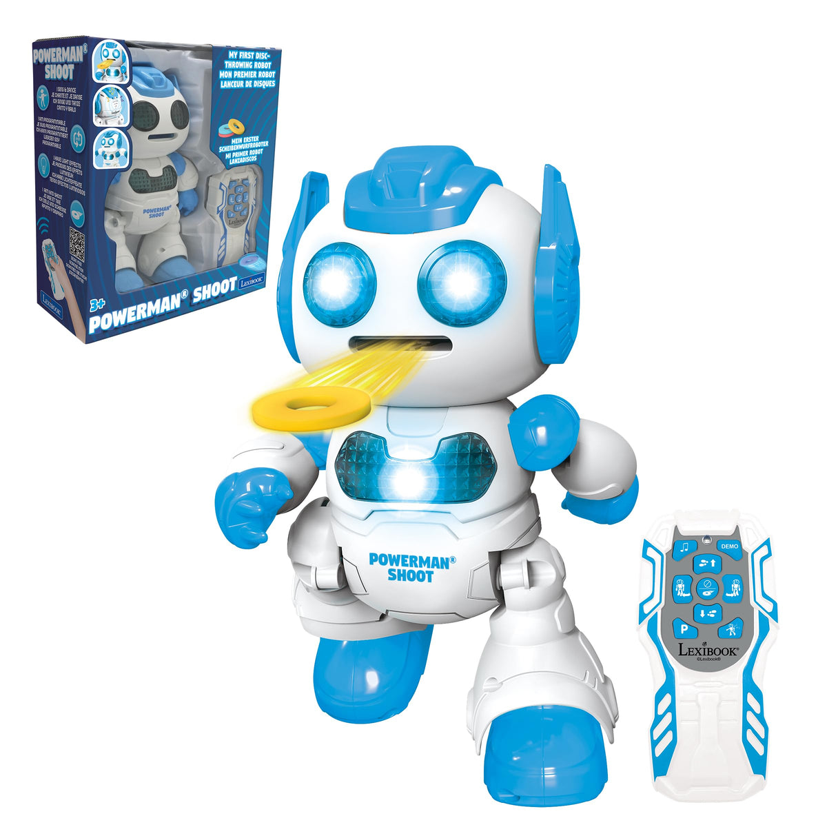 Lexibook, Powerman Shoot - My first throwing-disc robot, Programmable remote control robot, Plays music and dances, Sound and light effects, 12 foam discs