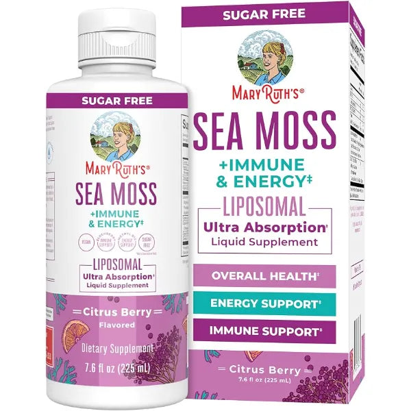 MARYRUTH'S Sea Moss + Immune & Energy Liposomal 140mg Irish Sea, 7.6 oz | 140mg Irish Sea Moss, Vitamin B12, Vitamin E, Elderberry, Rose Hip Oil, Orange Oil