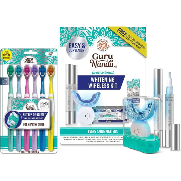 GuruNanda Pro Whitening & Care Bundle – Professional LED Teeth Whitening Kit & Butter on Gums Toothbrush 6pk for a Brighter Smile & Gentle Daily Cleaning
