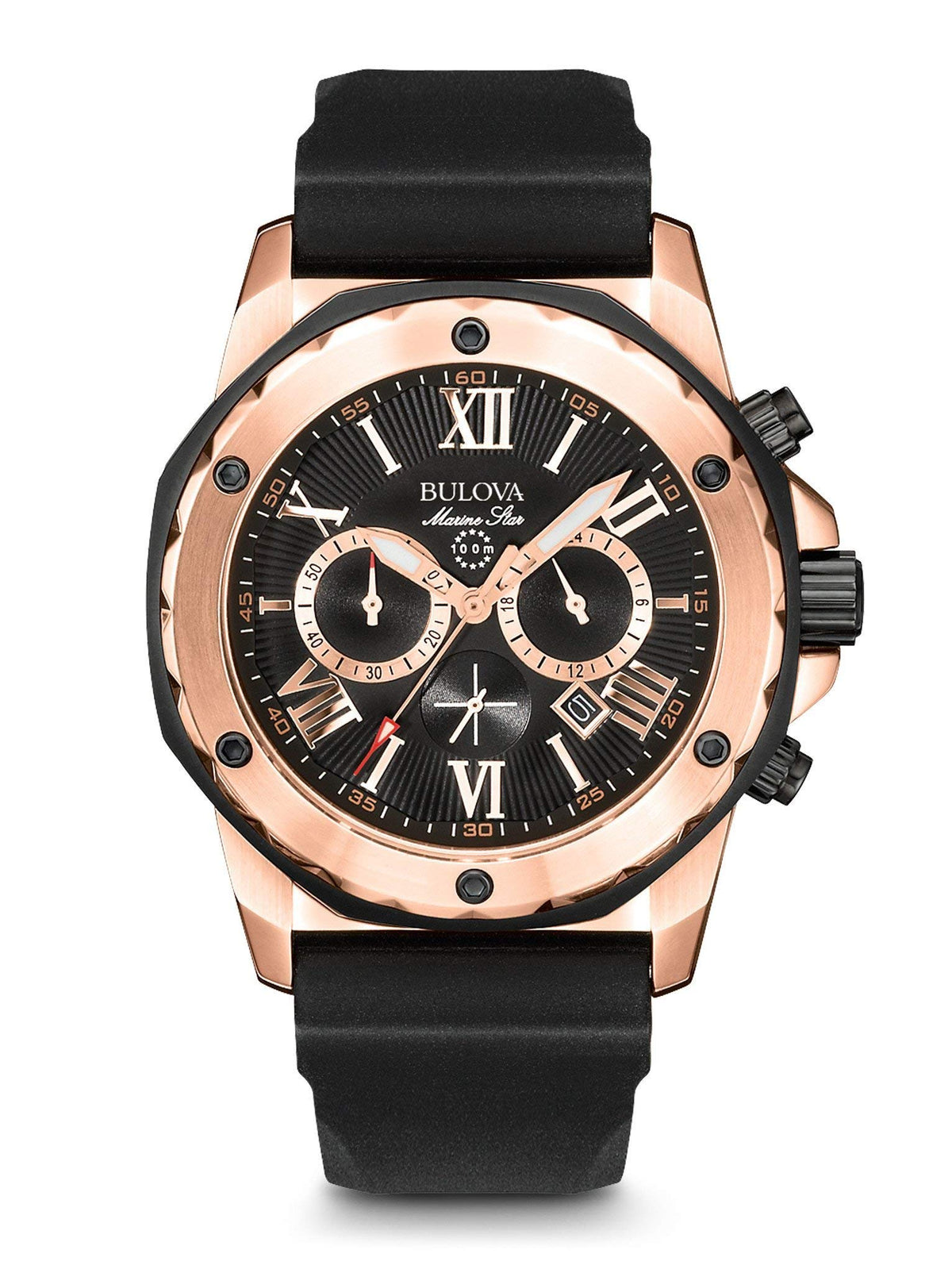 Bulova Men's Marine Star 'Series A' Chronograph Quartz Watch, Luminous Markers, Rotating Dial, 100M Water Resistant, 44mm - Rose Gold/Black dial