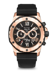Bulova Men's Marine Star 'Series A' Chronograph Quartz Watch, Luminous Markers, Rotating Dial, 100M Water Resistant, 44mm - Rose Gold/Black dial