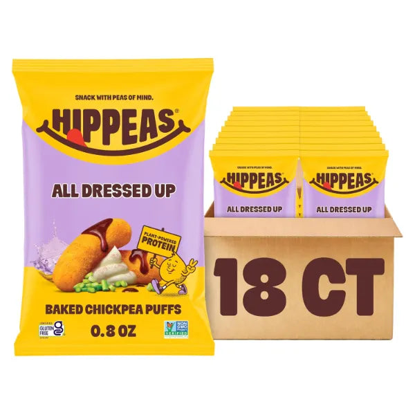 Hippeas Chickpea Puffs, All Dressed Up, 18 x 0.8 oz Bags, Baked Crunchy Chickpea Snacks with 3g Plant Protein, 2g Fiber & 50% Less Fat, Dairy & Gluten Free, Non-GMO, Top 9 Allergen Free