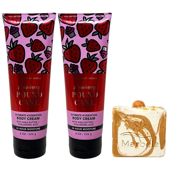 Bath & Body Works Strawberry Pound Cake 2 Ultimate Hydration Body Creams with a Peach Gardenia Bar Soap