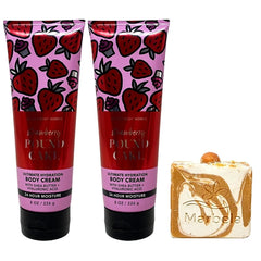 Bath & Body Works Strawberry Pound Cake 2 Ultimate Hydration Body Creams with a Peach Gardenia Bar Soap