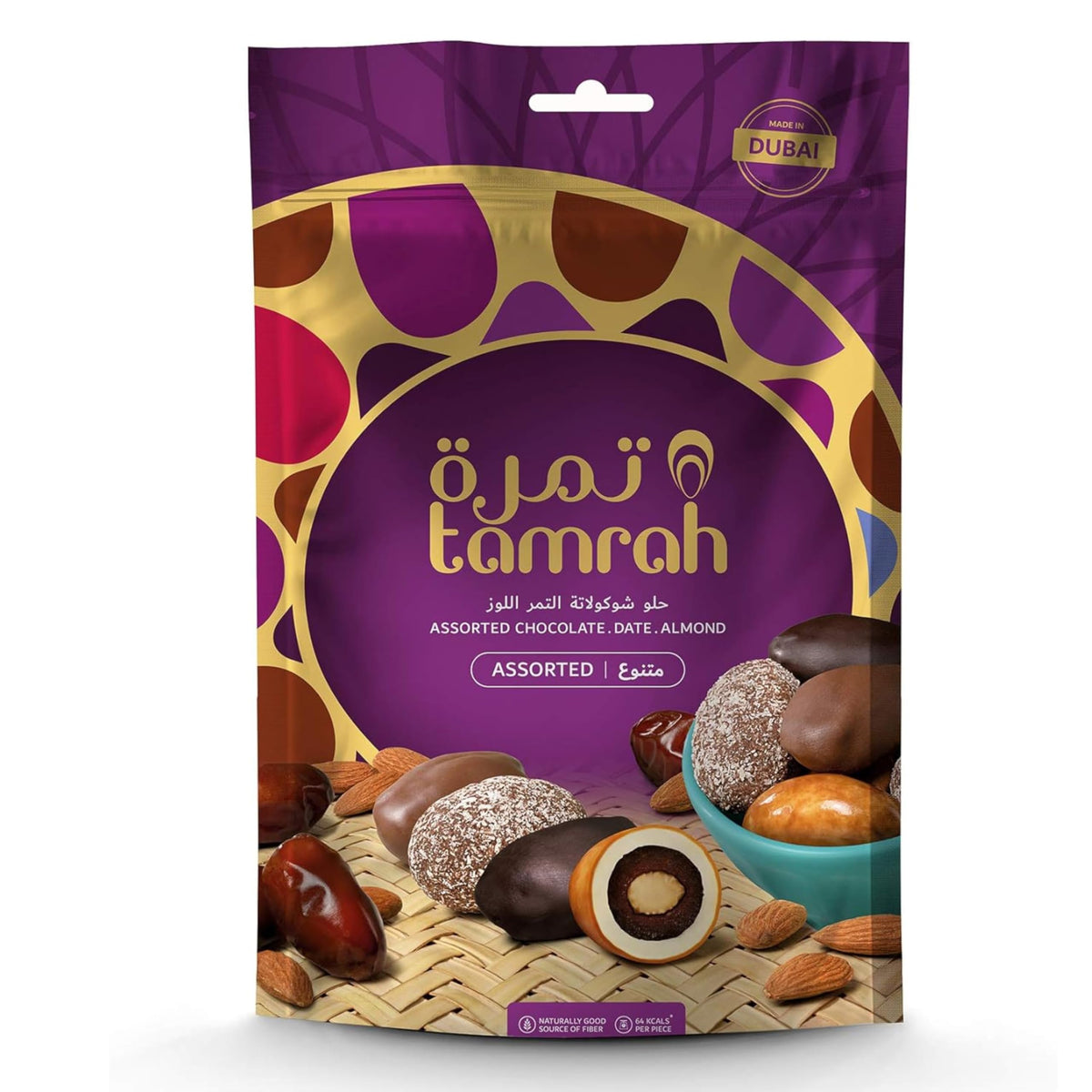 Tamrah Assorted Chocolate Caramel, Milk, Dark, and Coconut | Premium Pure Chocolates with Crunchy Almonds Stuffed Inside Succulent Dates, Perfect for Birthdays and Special Occasions – 600g Zipper Bag