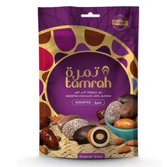 Tamrah Assorted Chocolate Caramel, Milk, Dark, and Coconut | Premium Pure Chocolates with Crunchy Almonds Stuffed Inside Succulent Dates, Perfect for Birthdays and Special Occasions – 600g Zipper Bag