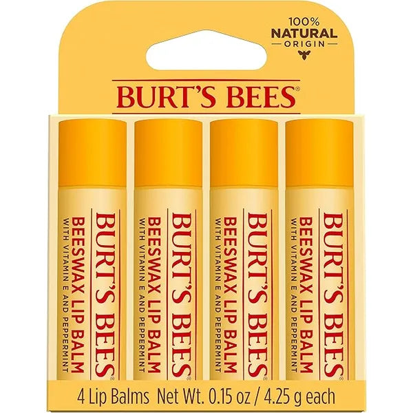 Burts Bees 100% Natural Lip Balm, Beeswax, 0.15 oz - 4 Count