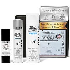 Man Labs Titan 3 Piece Anti Aging Mens Skin Care Kit Wash, Face Serum, Mens Face Moisturizer Men, Skin Care Set Dark Spots, Wrinkles, Fine Lines Vitamin C, Peptides, Niacinamide, HA Unscented