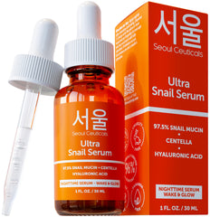 SeoulCeuticals Korean Skin Care 97.5% Snail Mucin Serum – K Beauty Skincare Night Serum Hyaluronic Acid for Face - Centella Anti Wrinkle Serum 1oz