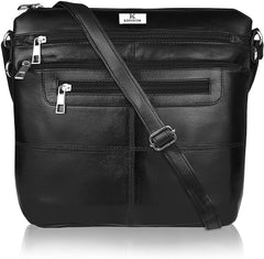 K London Women's Soft Leather Single Strapped Cross Body Handbag with 7 Pockets Plain Black KL_922_BLK, M