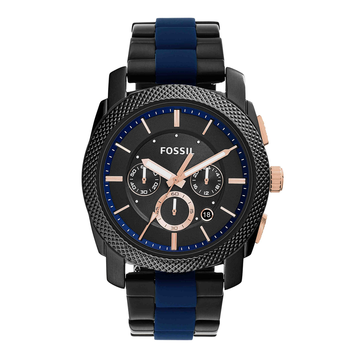 Fossil Machine Men's Watch with Stainless Steel or Leather Band, Chronograph or Analog Watch Display Black/Blue Silicone