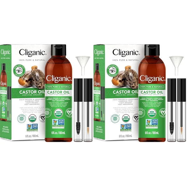 Cliganic Organic Castor Oil, 100% Pure (6oz with Eyelash Kit) - For Eyelashes, Eyebrows, Hair & Skin (Pack of 2)