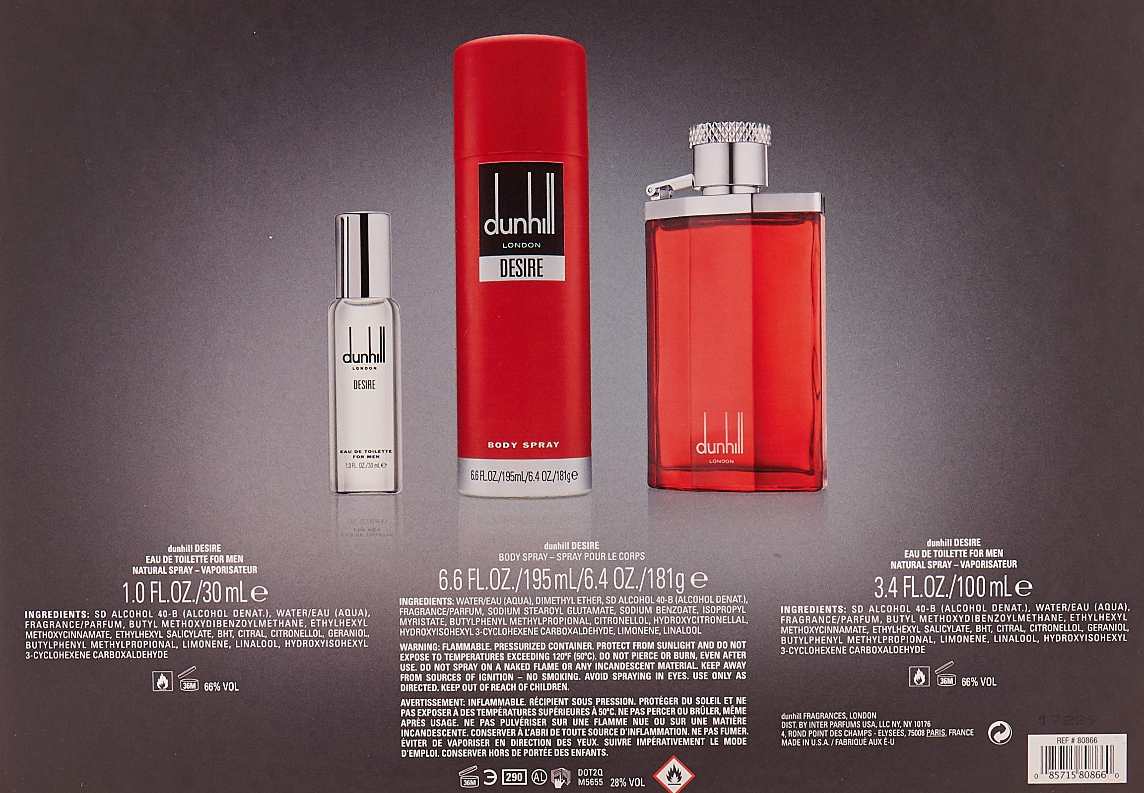 Desire Red Perfume Gift Set by Dunhill for Men -3Pc Gift Set 3.4oz Edt Spray, 1oz Edt Spray, 6.6oz Body Spray