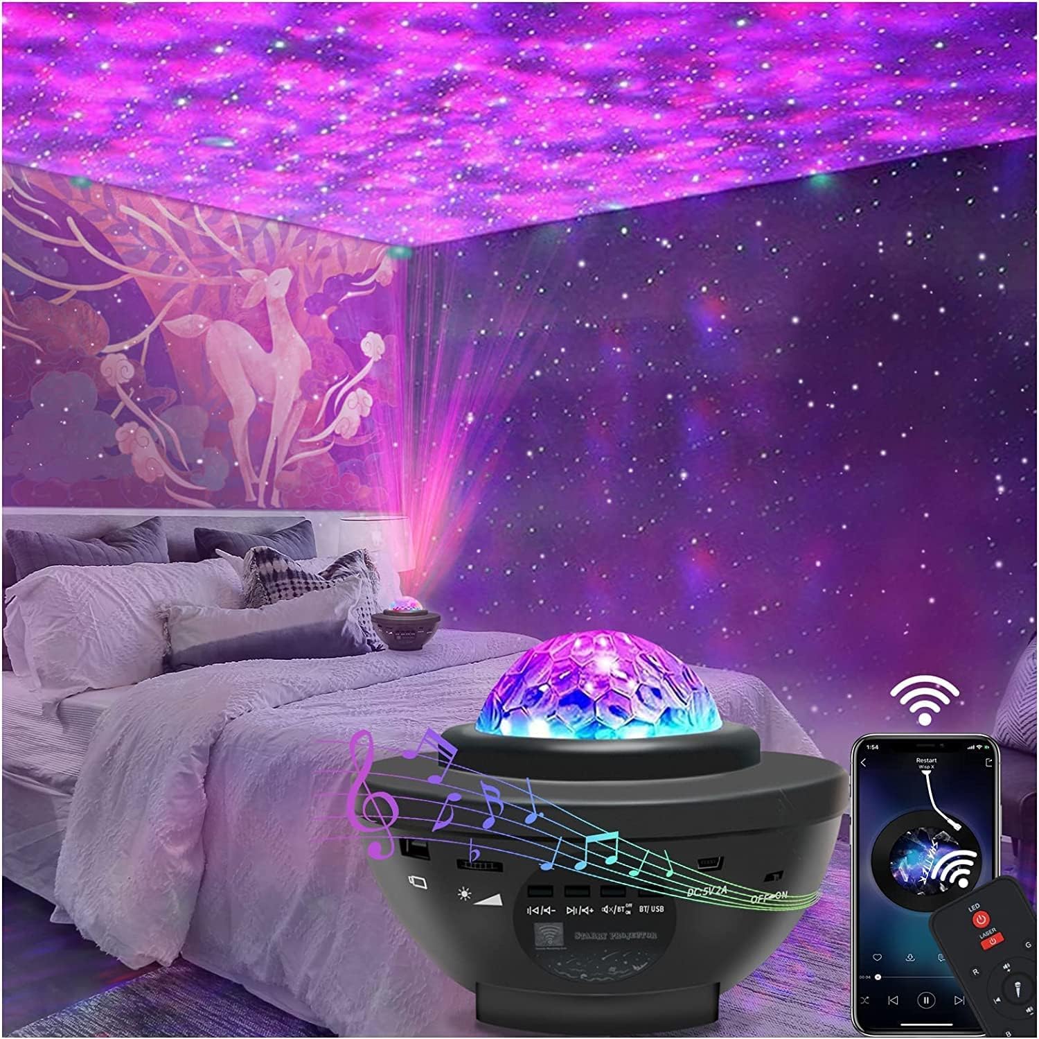 SKY-TOUCH Galaxy Star Projector in Night Light, 10 Color Bluetooth Night Lamp with Timer Remote and Chargeable, Bedroom Living Room Decor Kids