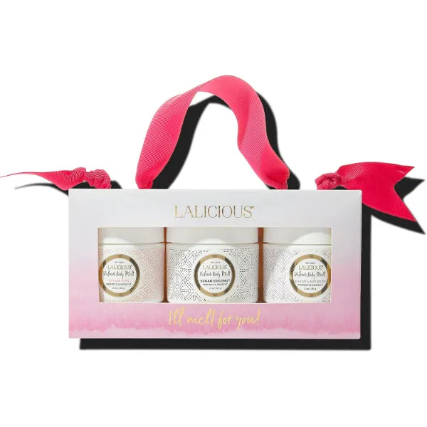 LaLicious Velour Body Melt Gift Set - 3-Piece Gel-to-Oil Body Moisturizer Skin Care Kit with Vitamin E & Macadamia Nut Seed Oil - Shave Oil, Hand & Foot Mask, Hair & Scalp Mask & More (3 Piece Kit)