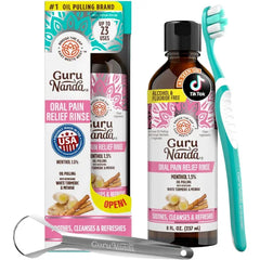 GuruNanda Oral Pain Relief Oil Pulling Mouthwash, Miswak & Clove Oil, 8oz | 1.5% Menthol|Peroxide, Fluoride, Alcohol free mouth wash|For Canker sore & mouth sore relief|With Toothbrush & tongue scraper