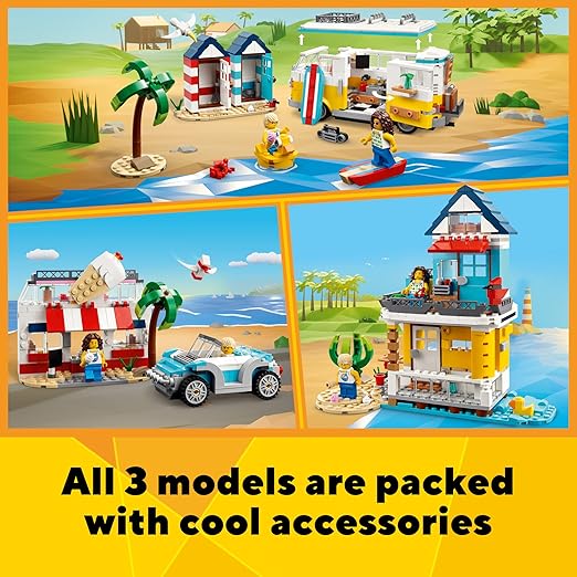 LEGO Creator 3 in 1 Beach Camper Van Building Kit, Transforms from a Campervan to Ice Cream Shop to Beach House, Great Gift for Surfer Boys and Girls, Pretend Play Beach Life, 31138