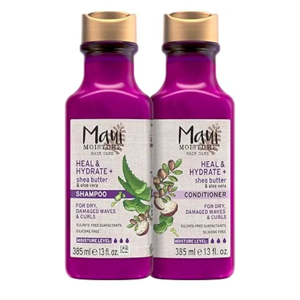 Maui Moisture Heal & Hydrate + Shea Butter Shampoo & Conditioner Bundle, Hair Care Set with Shea Butter & Aloe Vera for Dry, Damaged Waves & Curls, Silicone Free, 13 fl.oz