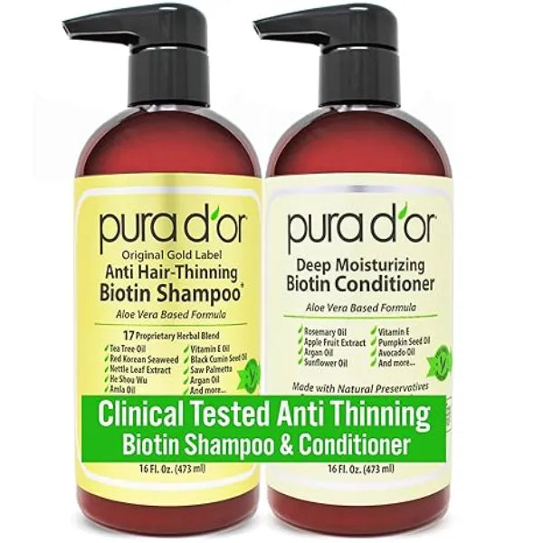 PURA D'OR Anti-Thinning Biotin Shampoo & Deep Moisturizing Conditioner Original Gold Label Set, Natural Earthy Scent, Hair Thickening Product, Women & Men