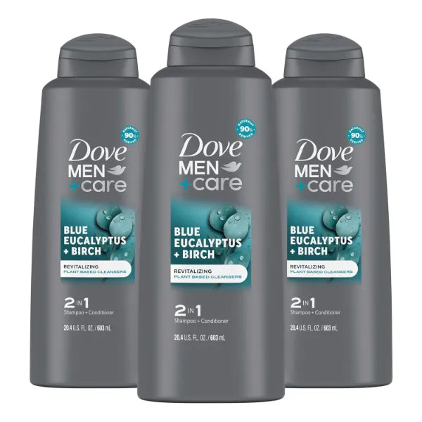 DOVE MEN + CARE 2 in 1 Shampoo Conditioner Eucalyptus + Birch For Healthy-Looking Hair Naturally Derived Plant Based Cleansers - 20.4 Fl Oz (Pack of 3)