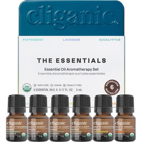 Cliganic Organic Aromatherapy Essential Oils Set (Top 6 - The Essentials), 100% Pure Natural - Peppermint, Lavender, Eucalyptus, Tea Tree, Lemongrass & Orange