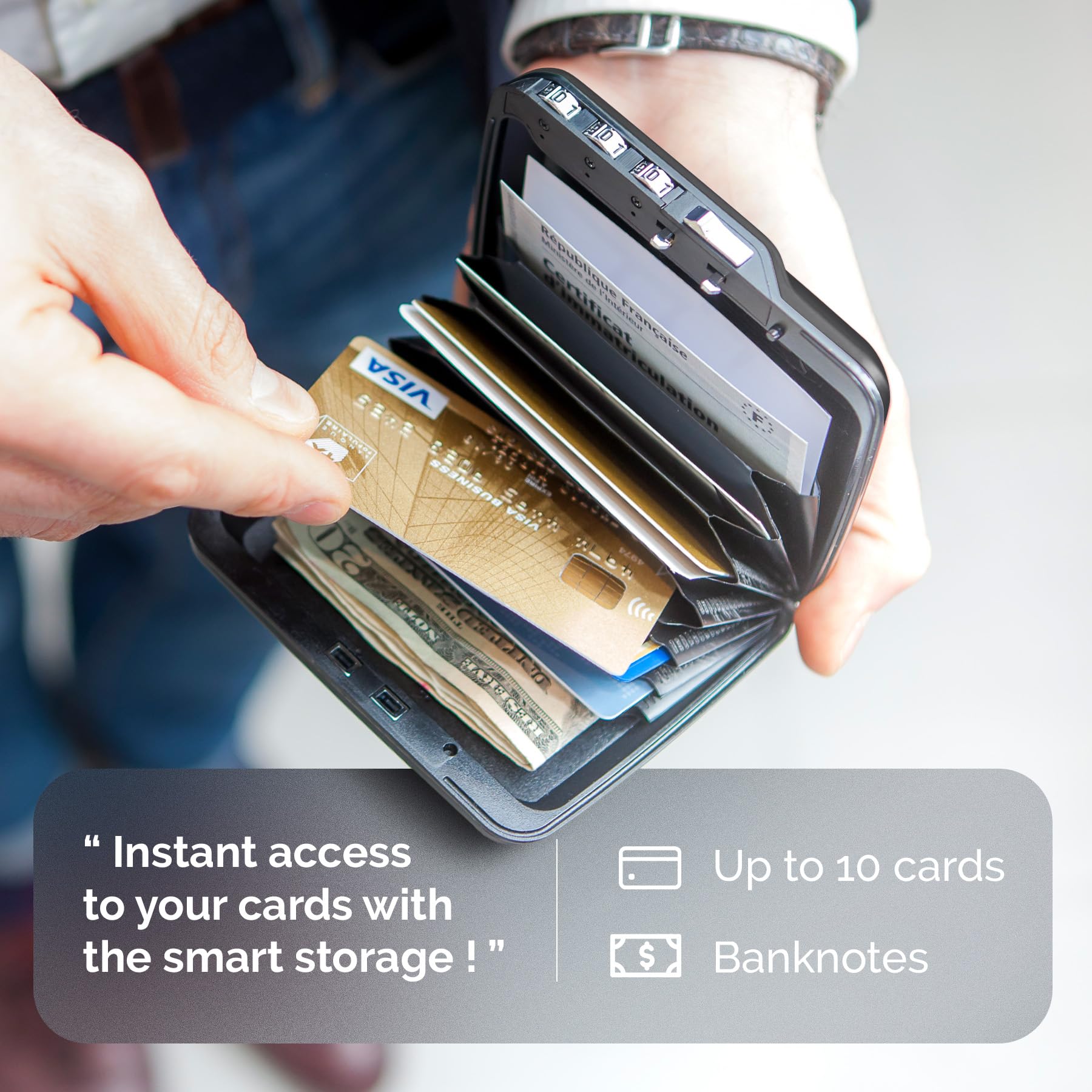 ÖGON -DESIGNS- Aluminium Code Wallet – The Code Wallet – Pocket Safe – RFID Blocking Secure Card Holder – Capacity 10 Cards and Banknotes  - Black