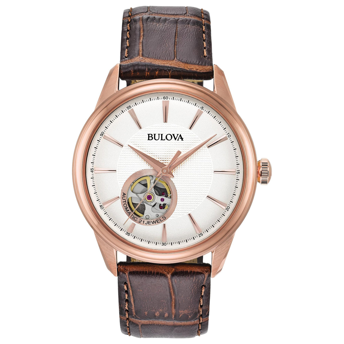 Bulova Men's Classic Automatic Watch with Leather Strap, Open Aperture Dial, Hack Feature, 41mm - Rose Gold