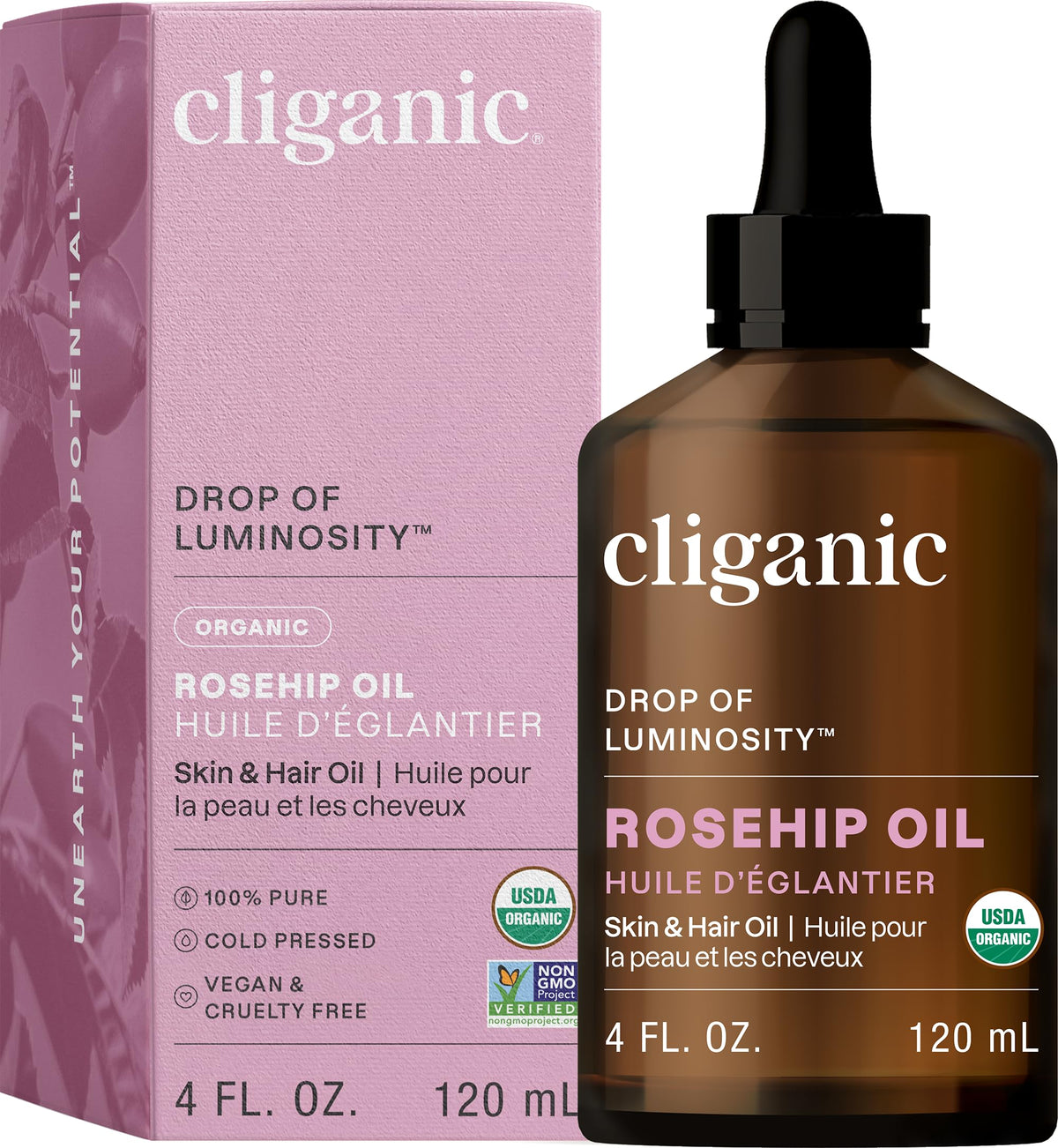 Cliganic Organic Rosehip Seed Oil for Face, 100% Pure | Natural Cold Pressed Unrefined Non-GMO - 120ml