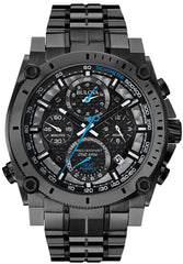 Bulova Men's Icon High Precision Quartz Chronograph Watch, Curved Mineral Crystal, 300m Water Resistant, Continuous Sweeping Secondhand, Luminous Markers - Black Ion-Plated/Blue Accents