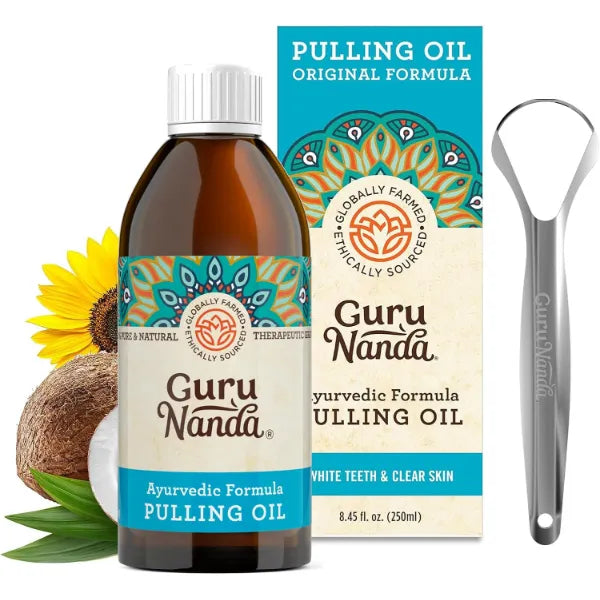 GuruNanda Original Oil Pulling Mouthwash, Promotes Deep Cleaning, with Coconut & Sesame for Teeth & Gum Health & Fresh Breath, with Tongue Scraper, Alcohol-Free, 8.45 Fl Oz