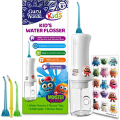 GuruNanda Kids Water Flosser – Portable Oral Irrigator for Children Ages 6+, 4 Gentle Modes, 4 Nozzles, 2-Min Smart Timer, Cordless, BPA-Free, Monster Frens Theme Kids Floss for Braces, Sensitive Gums
