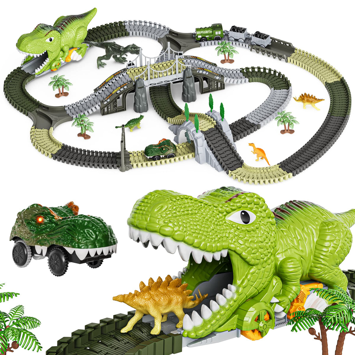TUMAMA Dinosaur Race Track Toys,Flexible Train Tracks with 4 Dinosaurs Figures,281 Pcs Dinosaur Train 2 Electric Race Cars with Lights - Create A Dinosaur World Road Race for Kids 3 4 5 6+ Years