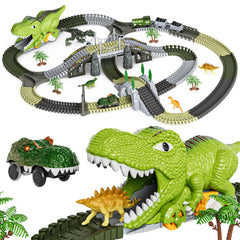 TUMAMA Dinosaur Race Track Toys,Flexible Train Tracks with 4 Dinosaurs Figures,281 Pcs Dinosaur Train 2 Electric Race Cars with Lights - Create A Dinosaur World Road Race for Kids 3 4 5 6+ Years
