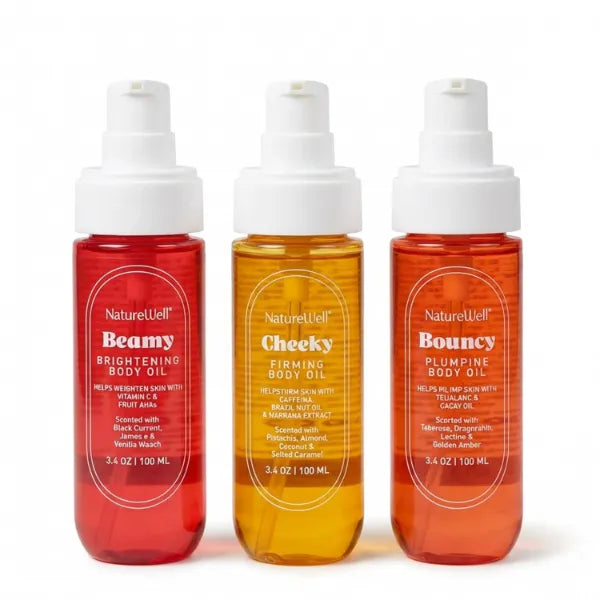 NATURE WELL Moisturizing Body Oil Bundle, Featuring Firming Cheeky, Brightening Beamy, & Plumping Bouncy, Fast-Absorbing Formulas Designed Hydrate, Smooth & Visible Brighten Skin, 3.4 Fl Oz Each